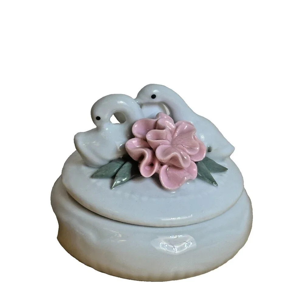 Vintage Double Swan Porcelain Jewelry Trinket Box Pink Floral Cottagecore DecorV